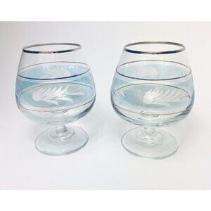 1970s vintage etched blue glass snifter brandy glass set.